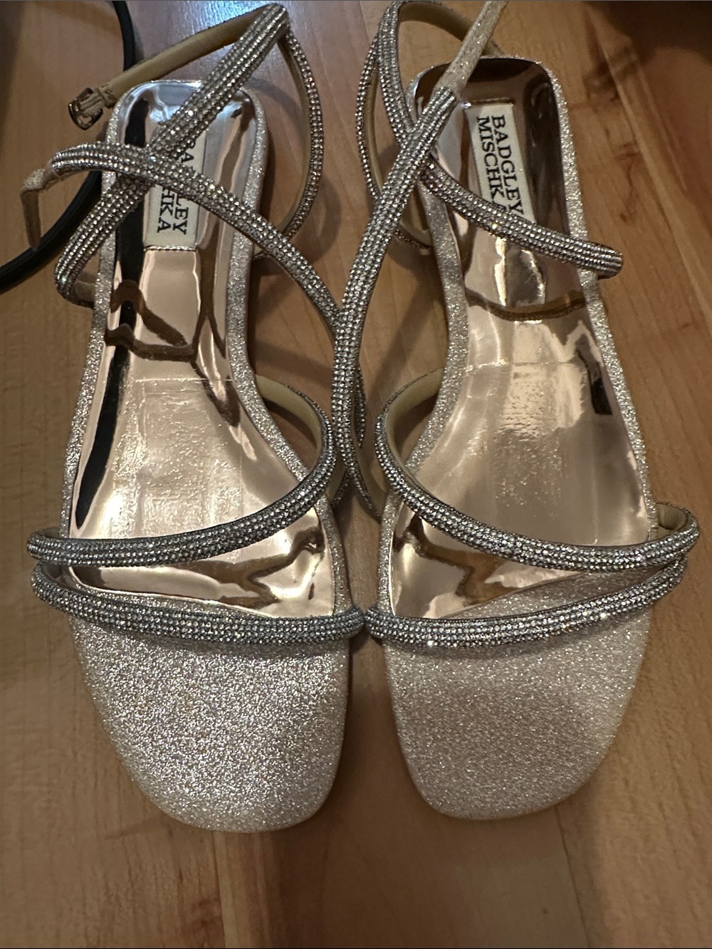 Badgley Mischka Silver Glitter Strappy Heeled Sandals